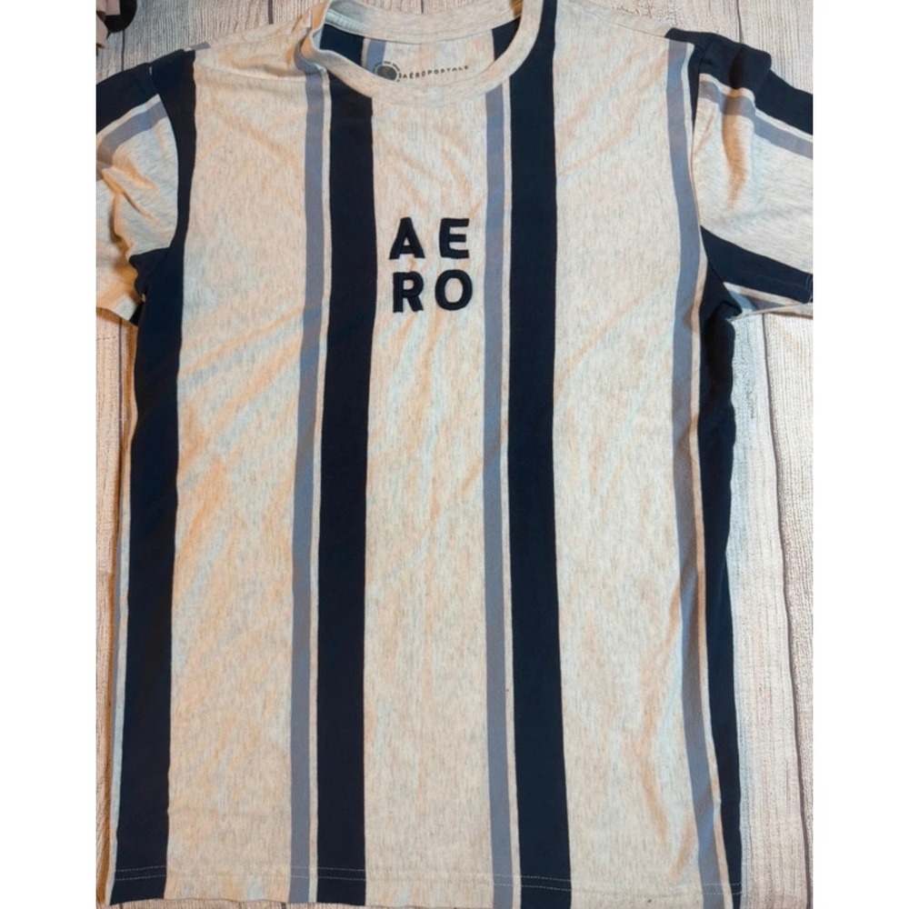 Aeropostale Mens Striped Y2K T-Shirt Grey Navy Blue Short Sleeve Crew Neck Tee
